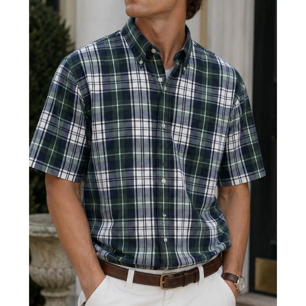 Vintage Lands End Mens Plaid Short Sleeve Shirt M Hong Kong 90s Old Money Preppy